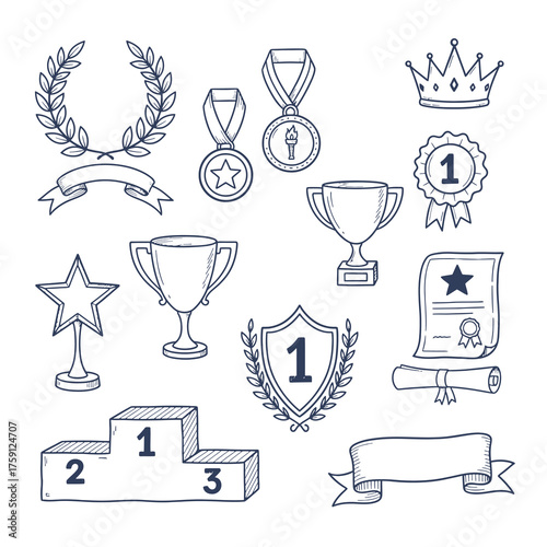 Triumph doodle art with crown, trophy, laurel, and medals for champion projects to celebrate success, achievement, and victory in your winner marketing campaign