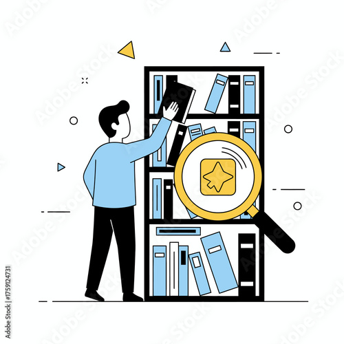 Discover hidden gems and find the perfect book! Explore knowledge with a magnifying glass, unlocking stories and insights from the library bookshelf.
