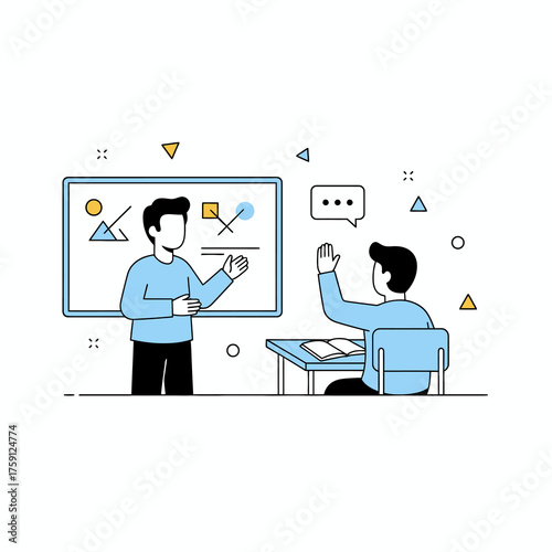 Engaging teacher explaining diagram on whiteboard with student raising hand, perfect for illustrating education, learning, teaching, and knowledge concepts