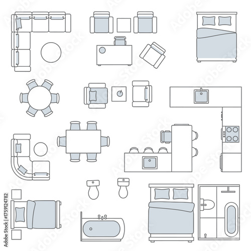 Detailed architectural floor plan icons showcase modern furniture layout ideas for interior design projects, perfect for visualizing home concepts and spatial planning