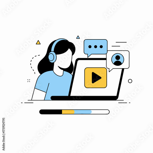 Engaging online learning experience with woman wearing headphones, watching video tutorials, and engaging in chat, ready for your digital learning platform