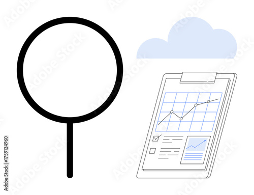 Magnifying glass focusing on analytics chart with upward trends on clipboard, accompanied by a cloud. Ideal for research, data analysis, strategy, growth, business, technology, simple flat metaphor