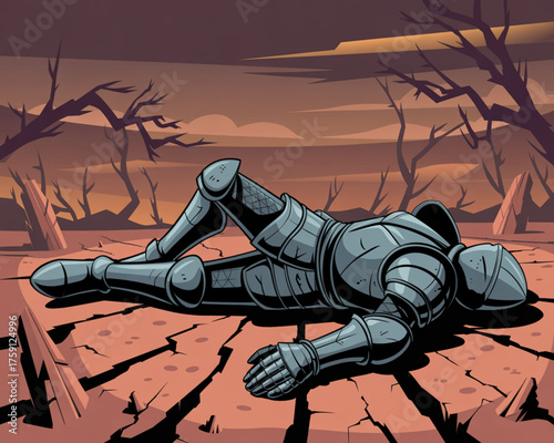 Fallen knight in a desolate wasteland