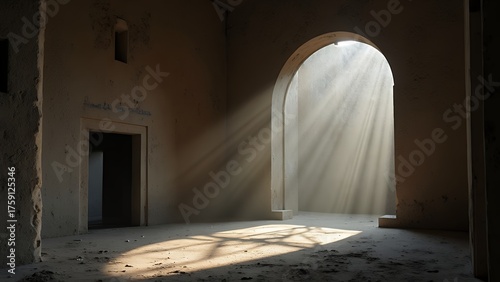 Sunlight streaming through an arched doorway into a dusty, abandoned room, creating dramatic light rays and shadows.