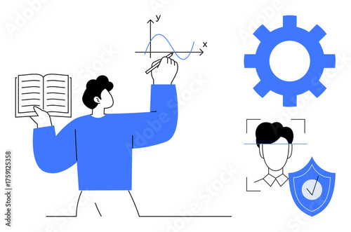 Person reading and writing on a data graph, gear symbol for process, and biometric ID with shield. Ideal for education, data analysis, identity verification, research, technology, innovation simple
