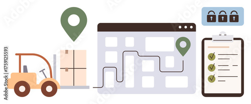 Forklift moving cargo, delivery route on a digital map, checklist, and security locks. Ideal for logistics, supply chain, inventory control, e-commerce, freight warehouse secure logistics simple