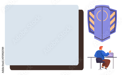 Shield symbol signifies data protection, user on laptop represents digital activity. Ideal for cybersecurity, safety, privacy, technology, business, communication and network security. Simple flat