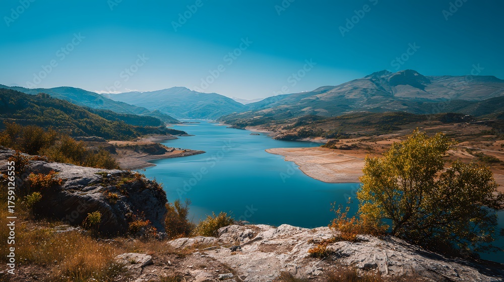 Obraz premium Expansive blue lake winds through mountainous terrain under clear sky.