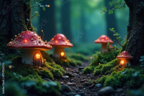 Enchanted Forest Fairy Garden Birthday Setup Delicate and Mystical A whimsical and mystical enchanted forest fairy garden setup for a child s birthday. Miniature mushroom houses with glowing windows