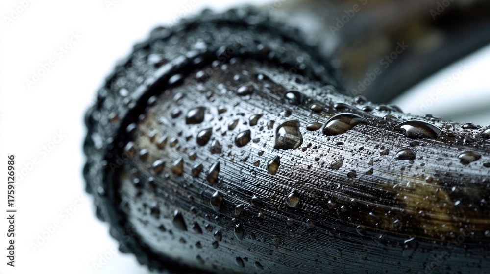 Fototapeta premium Black Pipe and Water Droplets: A close-up view reveals a textured black pipe glistening with individual water droplets, highlighting the interplay of light and texture.