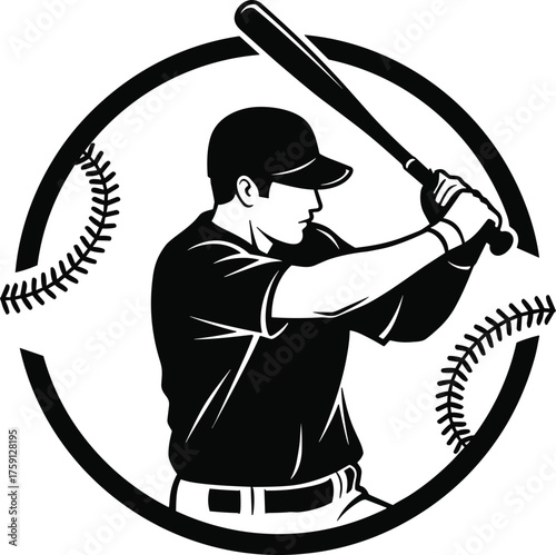 Baseball player silhouette, batter with bat ready to swing, sport logo design, vector illustration, athletic emblem, baseball icon artwork