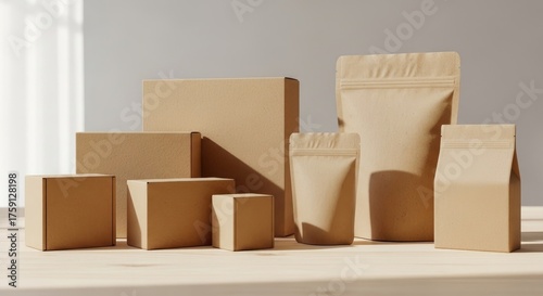 Assortment of brown cardboard boxes and bags for product packaging