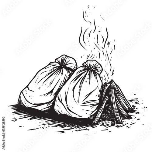vector illustration of a flat line art style of sleeping bags warming by the fire