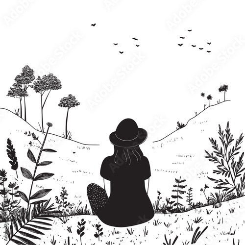 vector line art illustration of reconnecting with oneself in nature