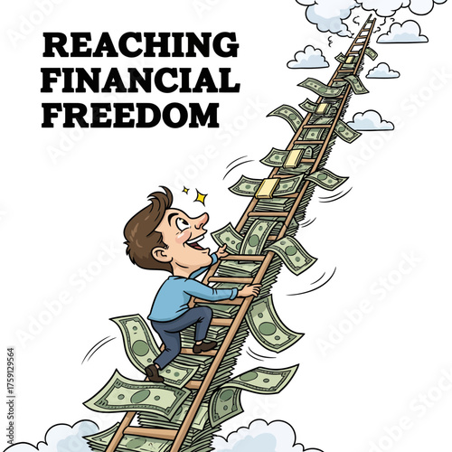 A person climbs a ladder made of money towards financial freedom, symbolizing success and wealth