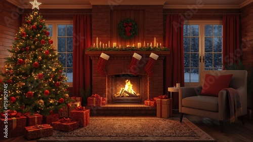 A christmas tree and presents in a cozy living room with a fireplace and red curtains at christmas time
