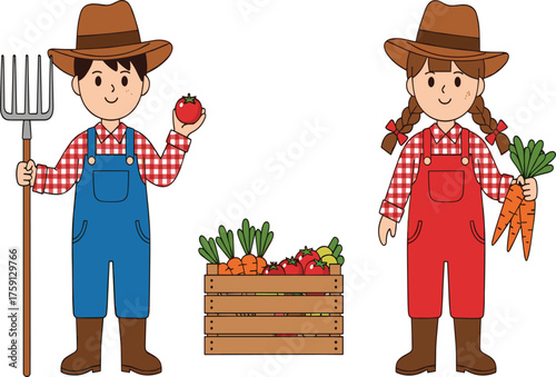 Cute boy and girl farmers holding vegetables, fresh carrots, tomato harvest, organic farming, rural lifestyle, cartoon illustration, agriculture concept, countryside work