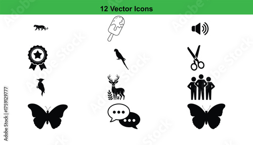 A collection of diverse vector icons presented in a silhouette style, all isolated on a clean white background.