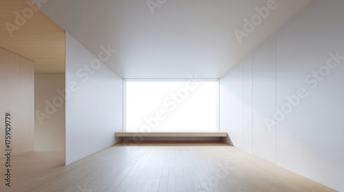 Minimalist empty room featuring a large window, filled with soft ambient dayl...