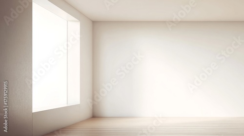Minimalist empty room featuring a large window, filled with soft ambient dayl...