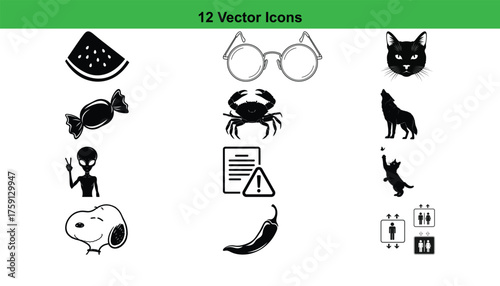 A collection of 12 distinct silhouette vector icons, each isolated on a clean white background, showcasing various objects and creatures in a striking black silhouette style.