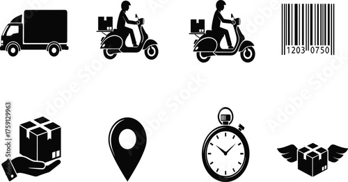 Delivery icons set with truck, scooter, barcode, stopwatch, package, GPS pin, fast shipping, logistics, courier service, express transport