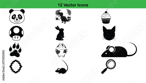 A collection of twelve distinct vector icons presented in a silhouette style, all isolated on a clean white background.
