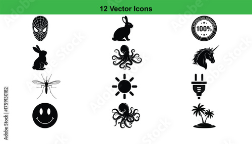 A grid of 12 distinct black vector icons, showcasing a variety of subjects in a clear silhouette style on a plain white background.
