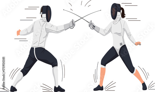 Fencing duel, professional fencers in action, sport competition, sword fight, Olympic fencing match, athletes clashing in dynamic movement