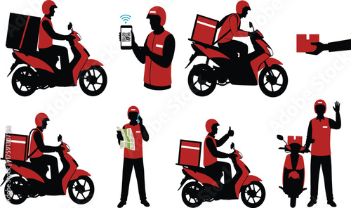 Food delivery service, courier on scooter, online order tracking, parcel handoff, modern logistics, express delivery man, mobile app transport
