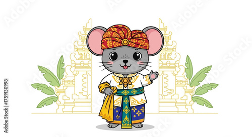 Cute mouse in Balinese attire waving in front of temple gate a cultural icon perfect for showcasing traditions and Balinese heritage concepts.