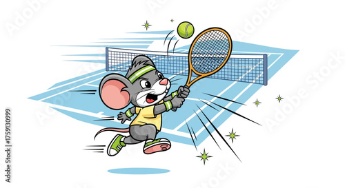 energetic mouse playing tennis hitting the ball on a blue court near the net showing athletic skill and determination for sports concepts