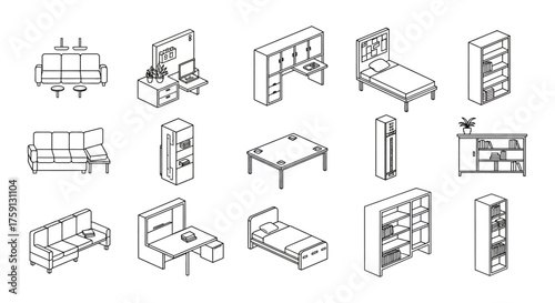 furniture isometric illustrations living room  bedroom decor creating a cozy  modern interior design concept for home furnishing brochures  websites