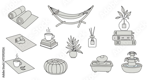 home relaxation illustration with cozy scene featuring yoga mats coffee and plants evoking tranquility and wellbeing for lifestyle blogs and wellness promotions.