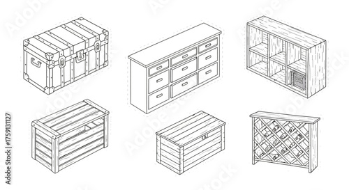 isometric furniture a collection of chests drawers and shelves showing storage solutions suitable for interior design catalogs or furniture blogs.