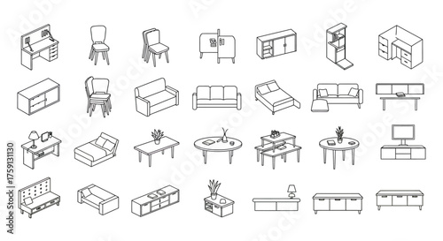 isometric furniture various room pieces including beds sofas tables chairs desks and storage units in a clean minimal style for interior design