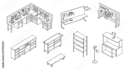 isometric workshop furniture a technical illustration depicting workbenches storage solutions  tool displays for efficient organization ideal for diy enthusiasts