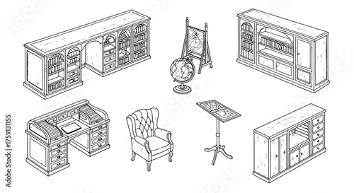 library room furniture depicting a study with bookshelves a globe and a vintage chair creating an ambiance of academia and intellectual pursuit