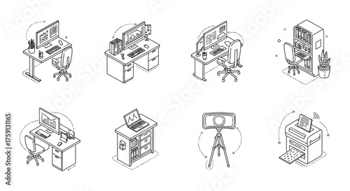 office workplace illustrations desks with computers and office gear offer an insight into remote work and digital communication suitable for tech blogs