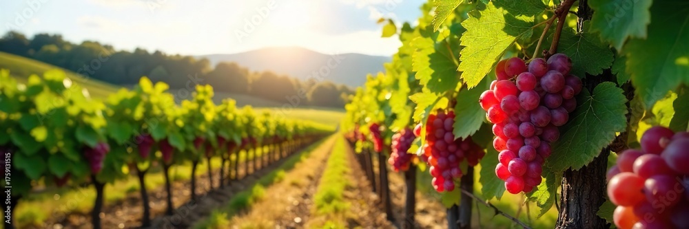 Fototapeta premium Sun-Ripened Grapes Hanging Heavy on the Vine A Picturesque Vineyard Harvest
