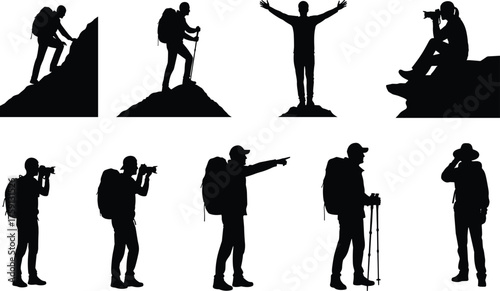 Hiker silhouette collection, mountain climbing adventure, backpack traveler exploring nature, photography on peak, outdoor exploration concept, trekking, freedom, wilderness, travel inspiration