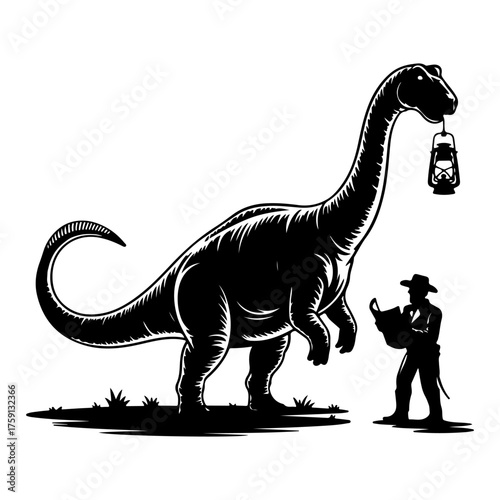 Silhouette of a Brontosaurus dinosaur holding a lantern in its mouth next to a cowboy