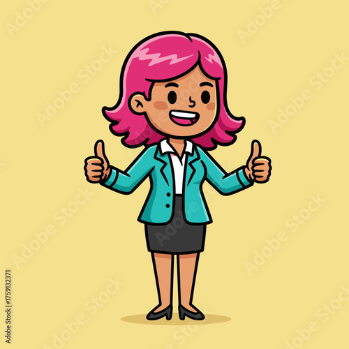 A cartoon illustration of a smiling businesswoman with bright pink hair, wearing a teal blazer and giving a double thumbs-up sign.