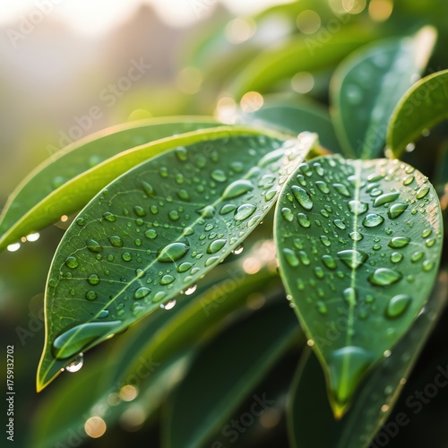 Close-up of Green Leaves with Water Droplets in Natural Morning Light