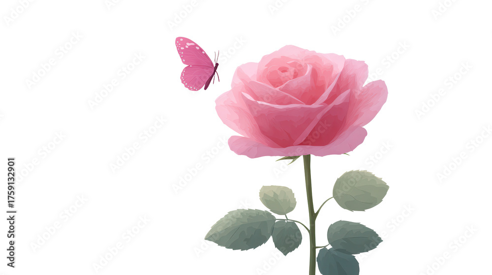 Obraz premium Pink rose with delicate petals and green leaves, accompanied by pink butterfly, creates romantic and gentle floral scene, perfect for spring or love themed designs
