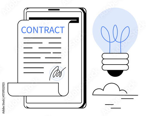 Contract document on tablet with signature, light bulb for idea and innovation, cloud emphasizing connectivity. Ideal for digital services, agreements, technology, startups, creativity, business