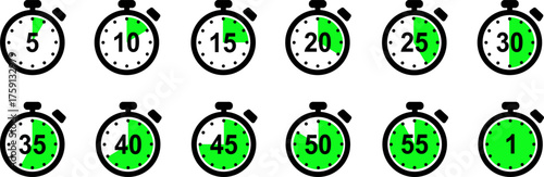 Set of countdown timer icons, showing elapsed time intervals in green, illustrating progress and deadlines