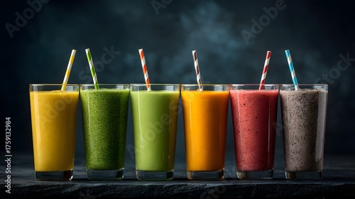 Six colorful fruit and vegetable drinks are lined up in glasses with straws.