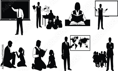 People studying, working on laptops, attending meetings, reading documents, experiencing stress, and participating in virtual video calls, black silhouette icons