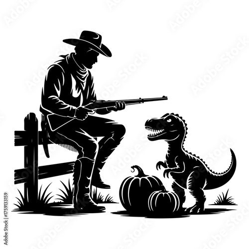 Whimsical Western Encounter A lone cowboy on a rustic fence with his rifle observes a friendly cartoon dinosaur beside autumn pumpkins, in a unique monochrome illustration